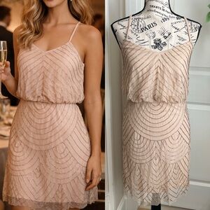 Lotus Threads Hand-Beaded Strappy Gatsby Cocktail Dress Nude Sz 4